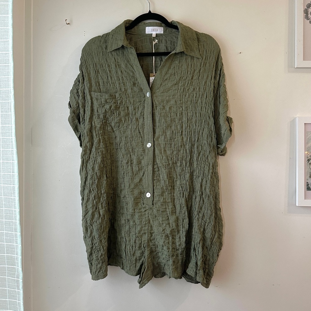 Olive Green Textured Button-Up Romper / Coverup